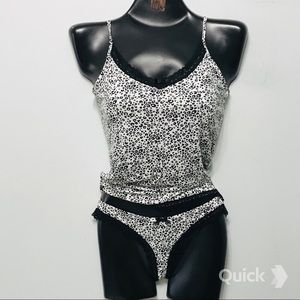 2 pcs Soft Leopard Lace Trim Sleepwear Set